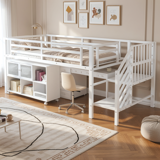 Sunvega Low Twin Metal Loft Bed with Stairs and 6 Rolling Storage Cubbies for Kids
