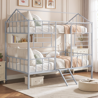 Sunvega Twin Bunk Bed With Full Metal Construction Angled Ladder And Gable Roof Frame