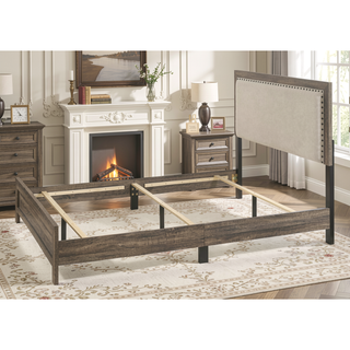 Sunvega Brown Cherry Finish Contemporary Fabric Panel Bed in One Box
