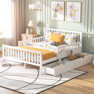 Sunvega Twin Size Walnut Wood Platform Bed with Guardrails and Two Storage Drawers