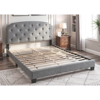 Sunvega Light Gray Burlap Button Tufted Headboard Queen Size Bed with Nailhead Trim