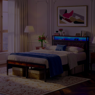 Sunvega Full Size Metal Platform Bed Frame with Adjustable Upholstered Headboard and RGB LED Lights