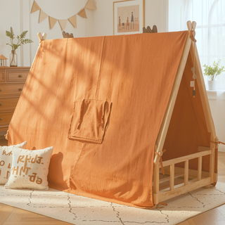 Sunvega Twin Size Brown House Bed with Detachable Tent and Light for Kids