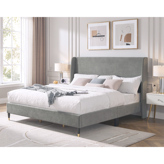 Sunvega King Beige Velvet Wingback Platform Bed with Low Profile Design