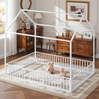 Sunvega White Twin Size Metal House Bed with Fence and Door for Kids
