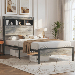 Sunvega Sturdy Single Bed Frame with Headboard Storage and Charging Station
