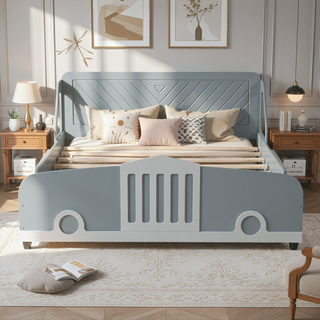 Sunvega Blue Twin Size Car-Shaped Platform Bed with Wheels for Kids