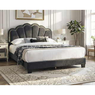 Sunvega Queen Size Upholstered Platform Bed with Floral Headboard and LED Lights