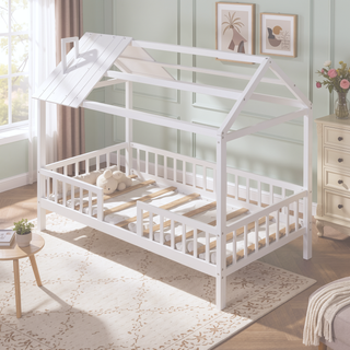 Sunvega White Twin Size Wood House Playhouse Bed with Fence for Kids Room