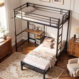 Sunvega Twin Over Twin Metal Bunk Bed with L-Shaped Desk Station and Storage Shelves