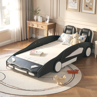 Sunvega Twin Size White Race Car Platform Bed with Wheels for Kids Bedroom