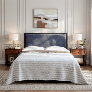 Sunvega Navy Queen Upholstered Headboard with Metal Trim and Modi Plates