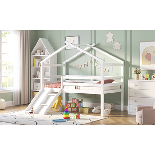 Sunvega Twin Low Loft House Bed with Slide Ladder Safety Guardrails and Roof Frame