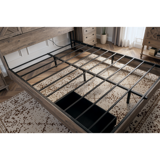 Sunvega Farmhouse Queen Bed Frame with LED Lights Charging Station and Storage Drawers