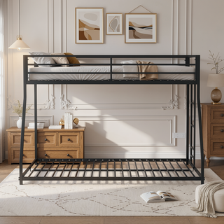 Sunvega Contemporary Twin Over Full Low Bunk Bed with Reversible Ladder in Matte Black