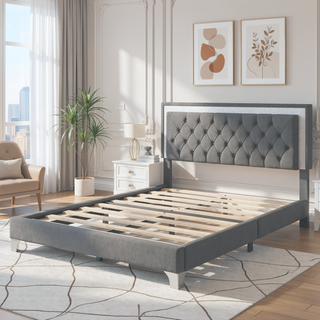 Sunvega Queen Size Upholstered Velvet Bed Frame with LED Lights and Tufted Headboard