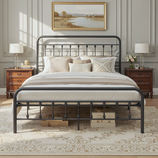 Sunvega Victorian Style Queen Size Metal Platform Bed Frame with Headboard and Under Bed Storage