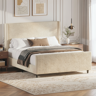 Sunvega Cream Queen Size Corduroy Upholstered Bed Frame with Winged Headboard