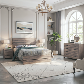 Sunvega Barrel Oak Slatted Headboard Queen Panel Bed with Matching Footboard