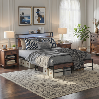 Sunvega Queen Bed Frame with Headboard LED Lights Charging Station 3-Tier Storage Shelf
