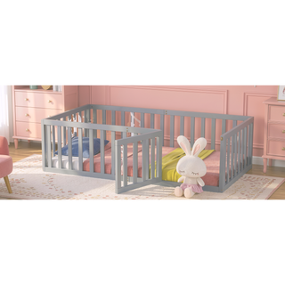 Sunvega Twin Size Wood Floor Bed Frame with Fence and Door in Walnut Finish
