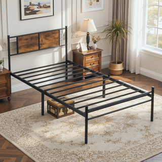 Sunvega Twin Size Metal Bed Frame with Wood Panel Headboard and Under Storage