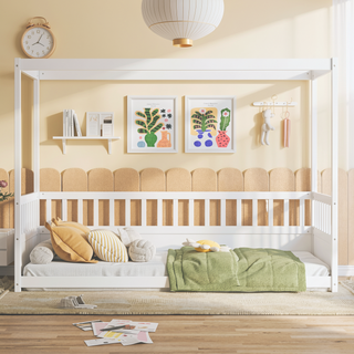 Sunvega Twin Size Floor Bed with Canopy Design and Guardrails for Kids