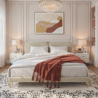 Sunvega King Ivory Velvet Upholstered Platform Bed with Foam Padded Headboard