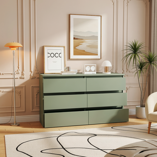 Sunvega White Wooden Six Drawer Cabinet with Golden Handles Large Storage Space