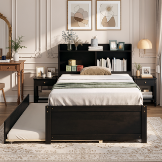 Sunvega White Twin Trundle Bed with Storage Headboard and Bookcase