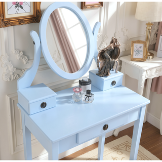 Sunvega Pink Wood Makeup Vanity Table and Stool Set with Mirror and Storage Drawers