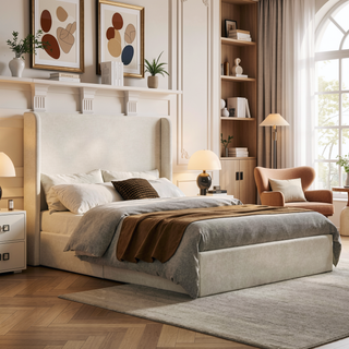 Sunvega Minimalist Upholstered Wingback Bed Frame with 54 Inch Headboard in Textured Ivory Canvas Chenille