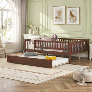 Sunvega Natural Twin Size Wood Daybed with Trundle and Fence Guardrails