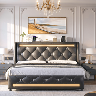 Sunvega Queen Size Bed Frame with Headboard LED Lights Charging Station Storage