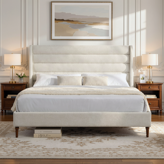 Sunvega Upholstered Queen Size Bed Frame with Wave - Shaped Headboard Premium Chenille Fabric