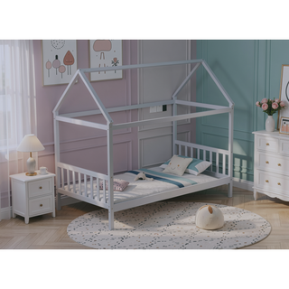 Sunvega Twin Rubber Wood House Bed with Headboard and Footboard in Light Grey