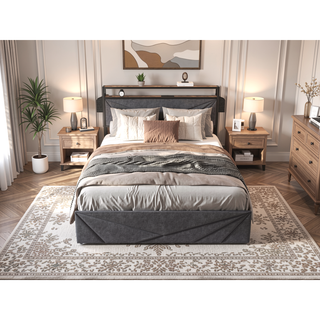 Sunvega Queen Upholstered Bed Frame with Headboard LED Lights Charging Station and 4 Storage Drawers