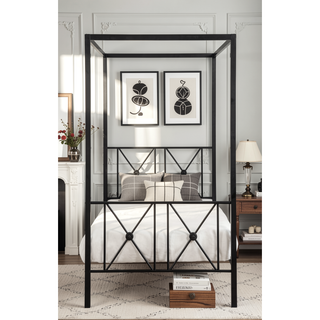 Sunvega Black Finish Twin Platform Bed Canopy Metal Frame Modern Traditional