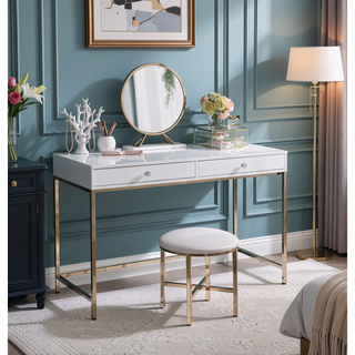 Sunvega Modern White High Gloss and Gold Writing Desk with 2 Drawers