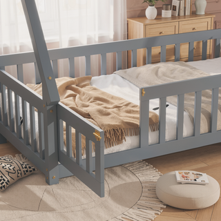 Sunvega Twin Tent Teepee Bed with Guardrails Slats and Door in Grey