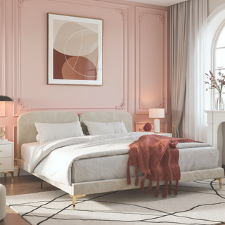 Sunvega King Ivory Velvet Upholstered Platform Bed with Foam Padded Headboard