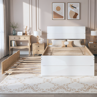 Sunvega Modern White High Gloss Twin Bed Frame with Light Oak Trundle for Space Saving
