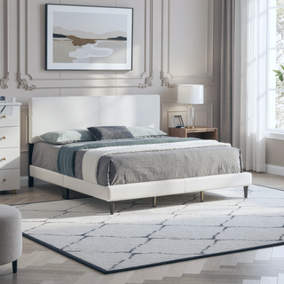 Sunvega White Faux Leather Upholstered Queen Bed with Adjustable Headboard