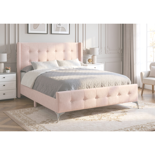 Sunvega Chic Pink Velvet Upholstered Queen Size Platform Bed with Chrome Metal Legs