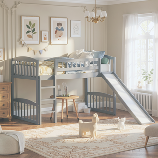 Sunvega Twin Size Loft Bed with Slide and Ladder for Kids Bedroom in Gray