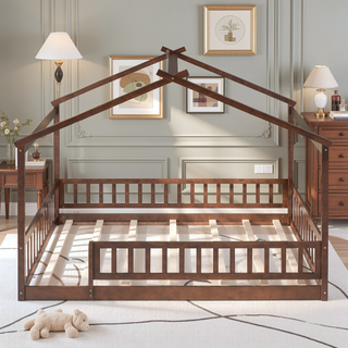 Sunvega Full Size House Bed Frame with Playhouse Fence and Roof for Kids