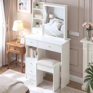 Sunvega Small Size Left Drawer Vanity Table with Adjustable LED Mirror and Stool
