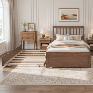 Sunvega Modern Walnut Twin Size Platform Bed Frame with Trundle for Space Saving