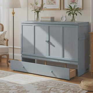 Sunvega Espresso Full Size Murphy Bed with USB Port and Large Drawer for Space Saving