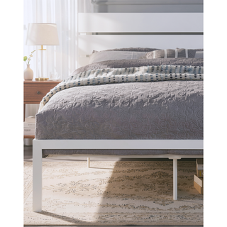 Sunvega White Metal Frame Queen Bed with MDF Headboard for Bedroom